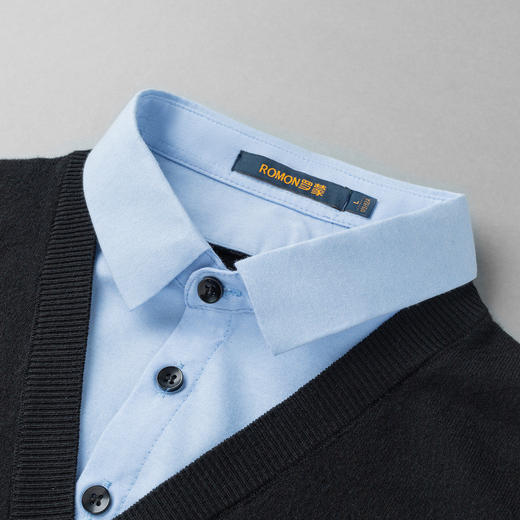 罗蒙秋冬男士时尚复古嵌花假两件针织衫男轻薄舒适毛衣男休闲百搭针织衫 商品图3