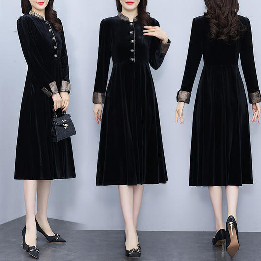 雀说新款时尚洋气立领拼接显瘦减龄中长款金丝绒连衣裙AL 7512 商品图3