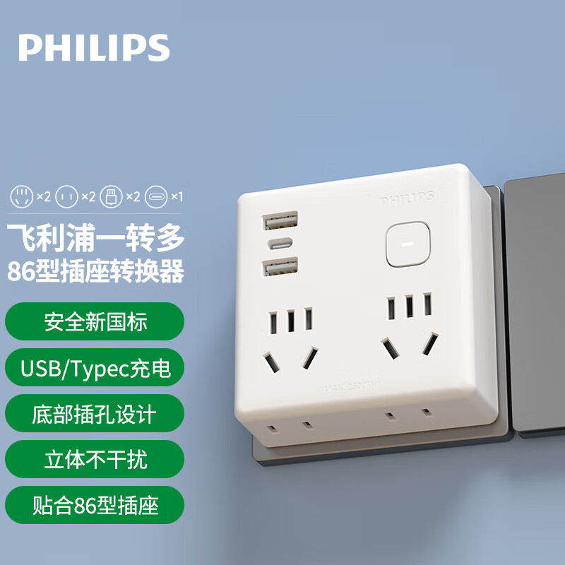 飞利浦（PHILIPS）魔方插座转换器/86型转换插座插头/USB+Typec插座扩展/一转多插座/多功能插座SPB4040W/93