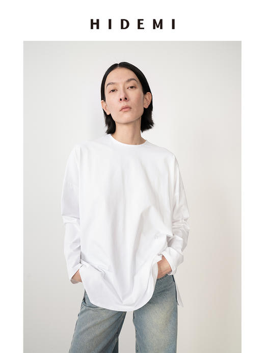 HIDEMI 基础款简约圆领拉链廓形高织棉长袖T恤 商品图2