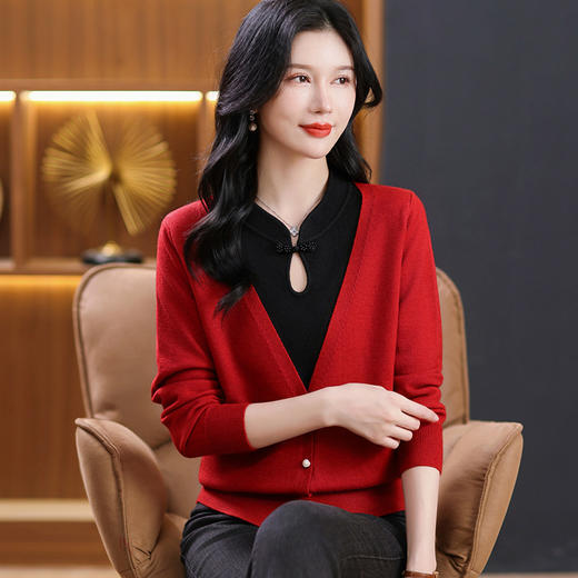 红色毛衣国风洋气春装假两件上衣针织打底衫CC-MY-2315 商品图0