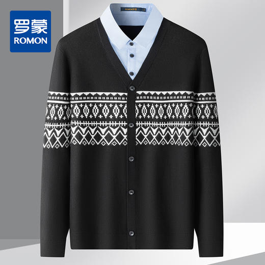 罗蒙秋冬男士时尚复古嵌花假两件针织衫男轻薄舒适毛衣男休闲百搭针织衫 商品图0