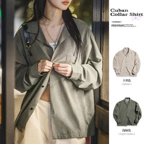 马登复古桃皮绒古巴领长袖衬衫叠穿小众设计感上衣春季衬衣女