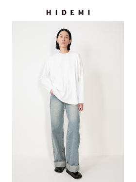 HIDEMI 基础款简约圆领拉链廓形高织棉长袖T恤