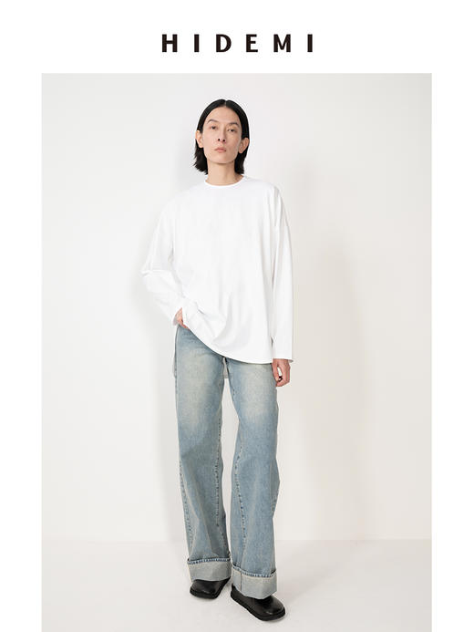 HIDEMI 基础款简约圆领拉链廓形高织棉长袖T恤 商品图0