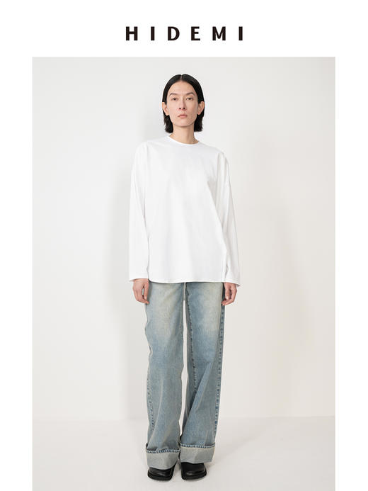 HIDEMI 基础款简约圆领拉链廓形高织棉长袖T恤 商品图1
