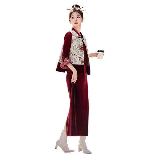 HRFS-9201A9春季上新气质时尚新中式风复古优雅印花马甲丝绒三件套裙 商品图4