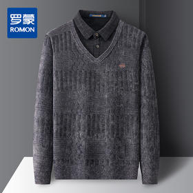 【加绒加厚】罗蒙秋冬雪尼尔假两件针织衫男士衬衫领商务毛衣男士针织衫