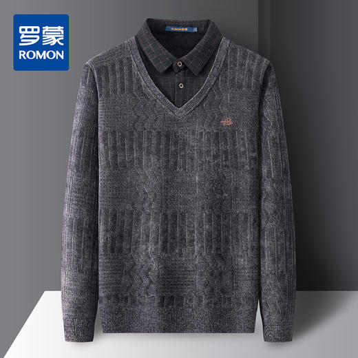 【加绒加厚】罗蒙秋冬雪尼尔假两件针织衫男士衬衫领商务毛衣男士针织衫 商品图0