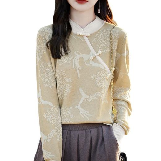 秋冬提花上衣，宽松新中式旗袍立领羊毛针织衫女复古针织打底衫毛衣QH-NS3181 商品图4