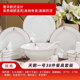 景德镇骨瓷餐具38件套-北欧风天鹅一号（38件套：九斗汤碗1；8英寸平盘2；8寸深盘4；高脚碗6；大勺1；小勺6；味碟6；合金筷子10；烟灰缸1；牙签筒1）