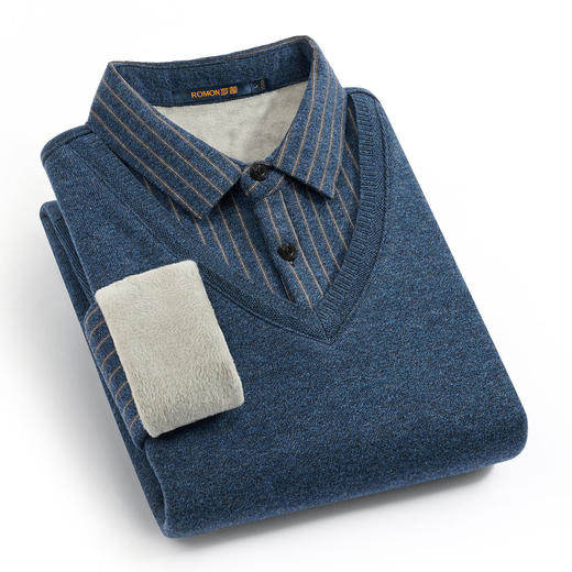 【加绒加厚】罗蒙秋冬男士奥利绒假两件加绒毛衣男针织衫男保暖加绒衬衫男毛衣 商品图4