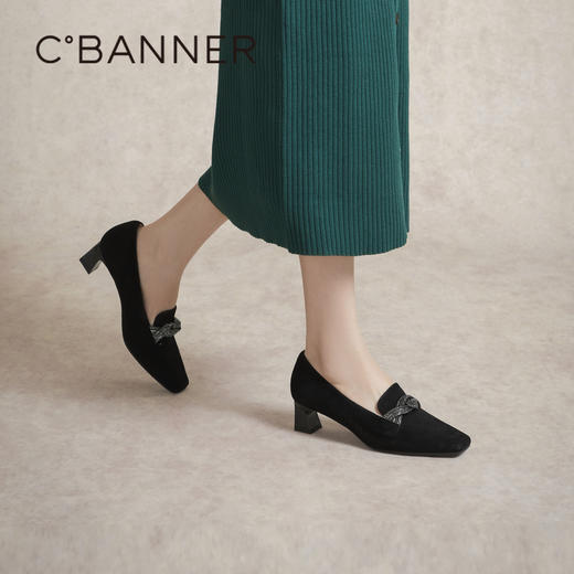 千百度粗高跟乐福鞋女春季通勤浅口小皮鞋羊皮正装豆豆鞋A24132626 商品图2