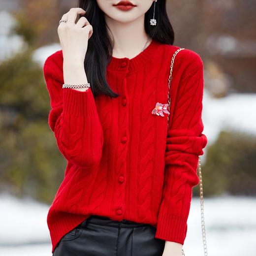 春秋新款针织纯羊毛开衫，圆领麻花加厚宽松毛衣外套纯色显瘦上衣QH-NS3184 商品图2