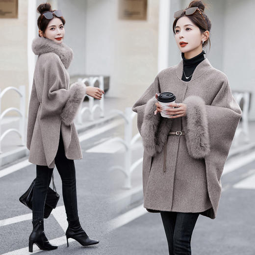 双面羊毛大衣，秋冬新款时尚气质高级感斗篷狐狸毛领羊毛呢外套HR-MLYF2379 商品图1