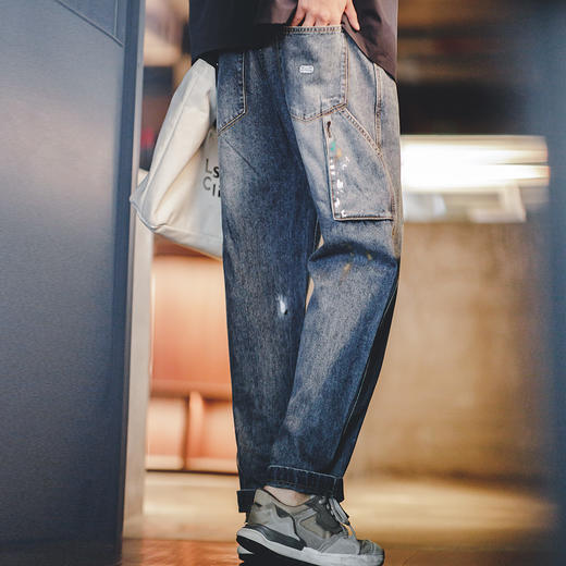 工装优选美式复古泼墨涂鸦牛仔裤浅蓝色竹节纹水洗直筒伐木裤男春 商品图4