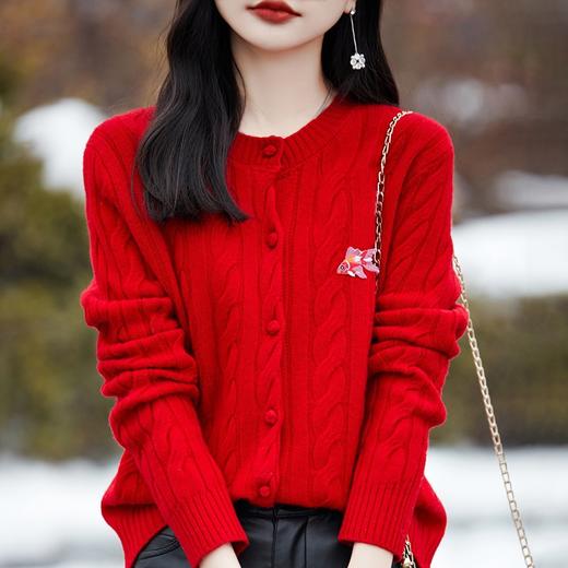 春秋新款针织纯羊毛开衫，圆领麻花加厚宽松毛衣外套纯色显瘦上衣QH-NS3184 商品图3