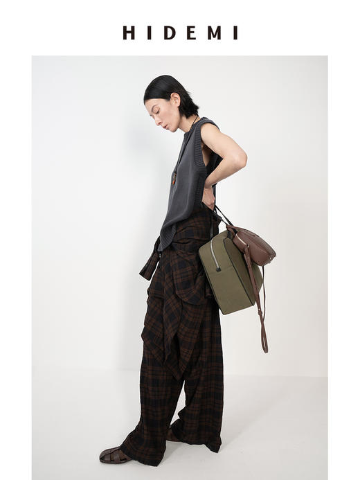 HIDEMI 格纹水洗微褶做旧感小圆领大廓形慵懒衬衫套装 衬衫/阔腿裤 商品图10