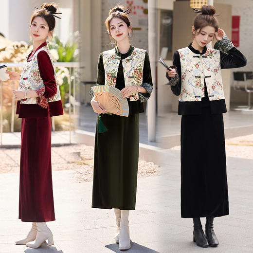 HRFS-9201A9春季上新气质时尚新中式风复古优雅印花马甲丝绒三件套裙 商品图3