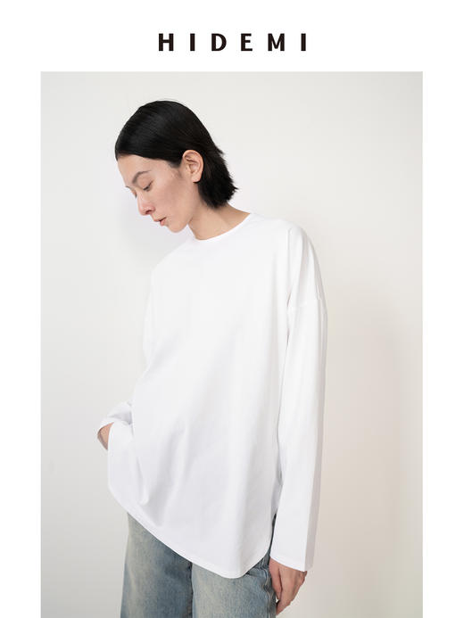 HIDEMI 基础款简约圆领拉链廓形高织棉长袖T恤 商品图3
