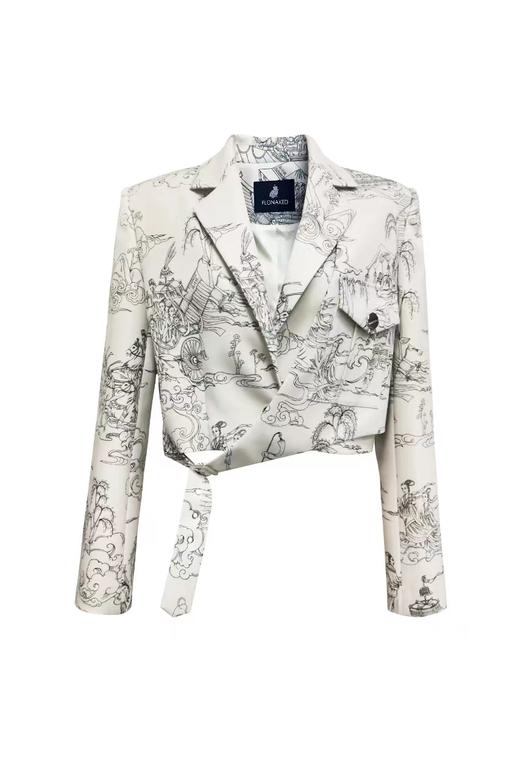 白色洛神赋手绘印花短西装外套 商品图0