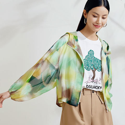 【度假系列】玳莎连帽宽松真丝外套女2024春装新款100%桑蚕丝印花  EA37308 商品图0