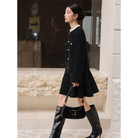 雀说 秋冬新款法式小香风连衣裙女木耳边圆领长袖套头A字裙4ZF-81888