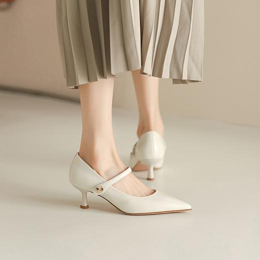 阿么手工女鞋真皮一字带尖头单鞋女舒适百搭职业高跟鞋细跟4.5CM 商品图3