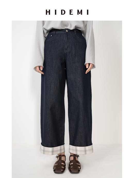 HIDEMI 复古牛仔蓝阔腿格纹拼接卷边牛仔裤 商品图1