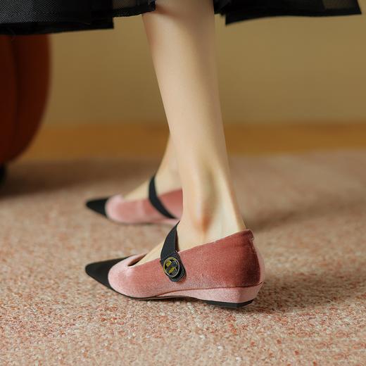阿么手工女鞋拼色丝绒一字带玛丽珍浅口3CM气质真皮软底单鞋温柔 商品图1