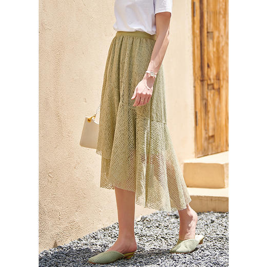 欧芮儿高腰显瘦牛油果绿蕾丝半身裙女2021年新款夏季中长款不规则 商品图0