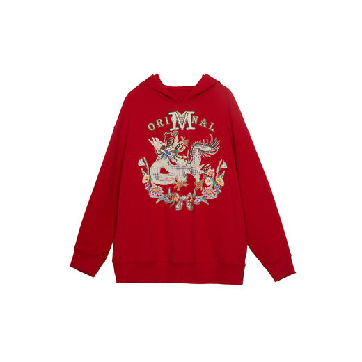 谜底中长款连帽卫衣女2024春新款学院风大廓形绣花上衣241MV0051 商品图4