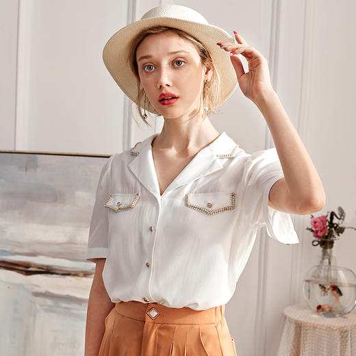 欧芮儿2020夏装新款v领短袖白色衬衫女设计感小众衬衣宽松上衣潮 商品图2