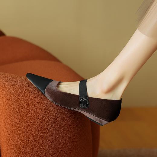 阿么手工女鞋拼色丝绒一字带玛丽珍浅口3CM气质真皮软底单鞋温柔 商品图4