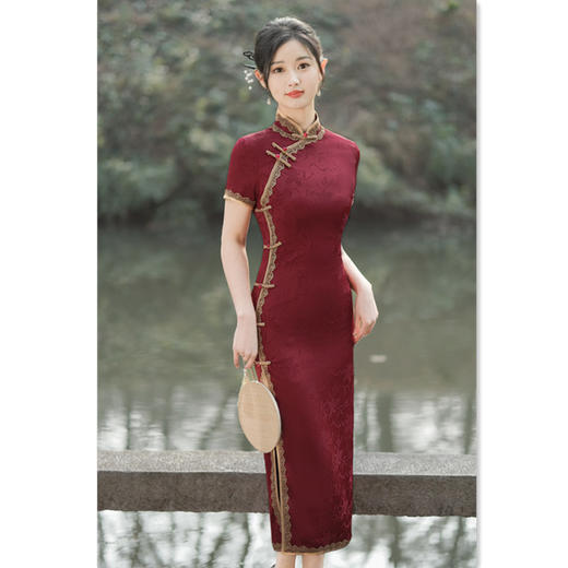 老上海复古国风长款短袖提花旗袍2024春夏新款改良婚宴旗袍GX299125 商品图1