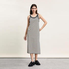 谜底连衣裙无袖女2024春新款文艺风条纹亲肤修身中长裙241ML0117