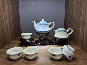 景德镇陶瓷 国瓷红叶 8头玲珑茶具钻石福