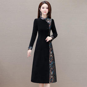 春款中式印花连衣裙圆领长袖洋气改良旗袍裙QYM-XQD-5C2341-L