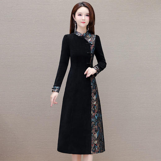 春款中式印花连衣裙圆领长袖洋气改良旗袍裙QYM-XQD-5C2341-L 商品图0