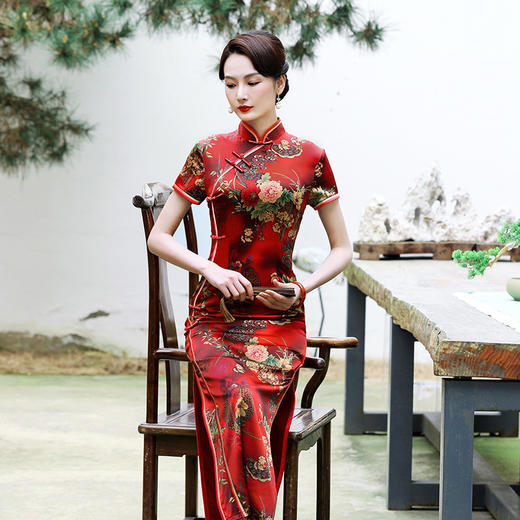 高端真丝旗袍长款桑蚕丝年轻款年会气质旗袍【3天发货】WXG-241 商品图2