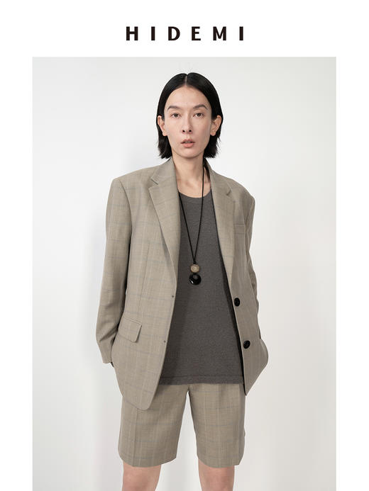 HIDEMI羊毛经典简约翻领色织格纹西装/压褶中裤 商品图3