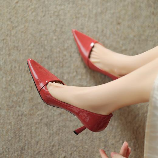 阿么手工女鞋百搭细跟漆皮高跟鞋软底7.5CM不累脚尖头单鞋女浅口 商品图3