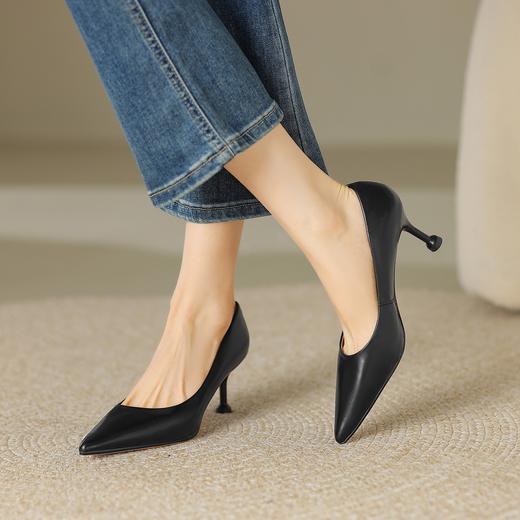 阿么手工女鞋真皮细跟高跟鞋2025新款简约浅口小众气质单鞋6.6CM 商品图4