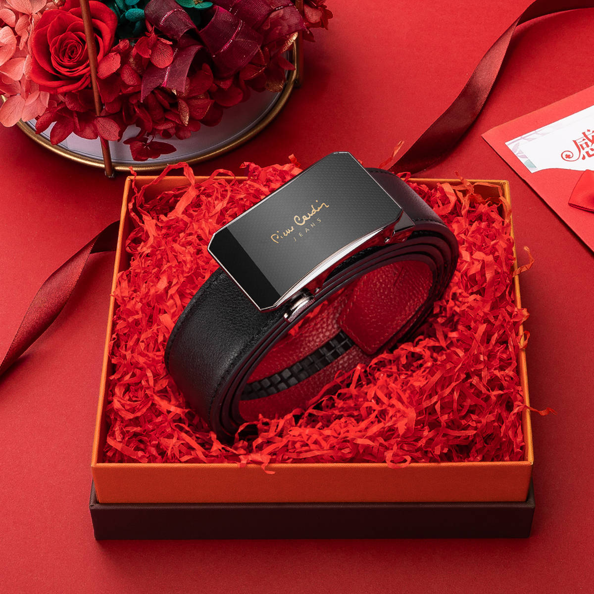 皮尔卡丹男士真皮自动扣牛皮皮带腰带本命年红底皮带