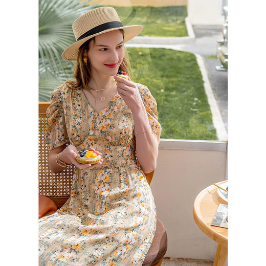 欧芮儿短袖碎花雪纺连衣裙女2020新款夏季气质显瘦收腰中长款A字 商品图1