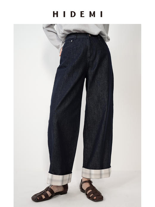 HIDEMI 复古牛仔蓝阔腿格纹拼接卷边牛仔裤 商品图0