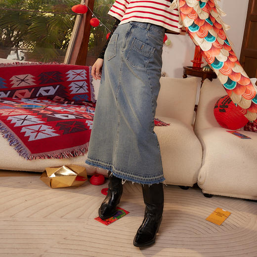 谜底A字型长款半身裙2024春季新款复古百搭高腰牛仔半裙241MB0002 商品图1