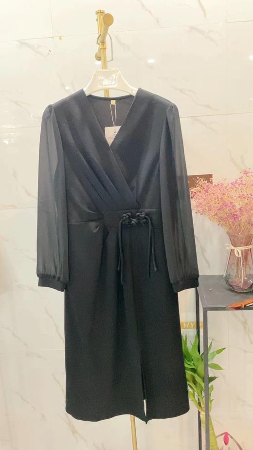 A7099        高端复古气质收腰显瘦V领侧开叉连衣裙 商品图2