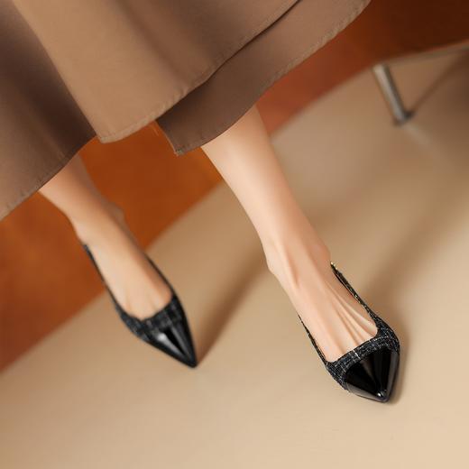 阿么手工女鞋小香风格纹拼接真皮尖头单鞋2024年新款浅口气质4CM 商品图4