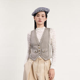 谜底格纹小马甲女2024春新款复古帅气修身短款西装马夹241MM0079